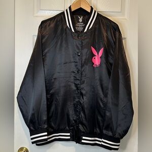 Women’s Playboy Black Satin Varsity Style Jacket With Pink Playboy Logo Size LG